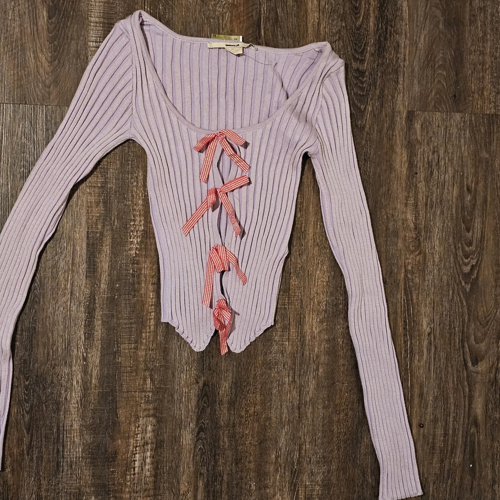 Kimchi Blue Lavender Ribbed Top with Red Bows